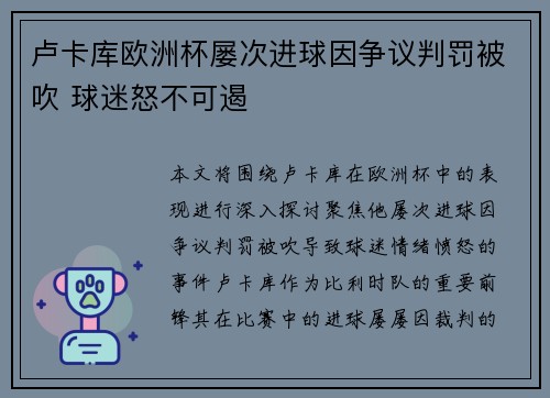 卢卡库欧洲杯屡次进球因争议判罚被吹 球迷怒不可遏